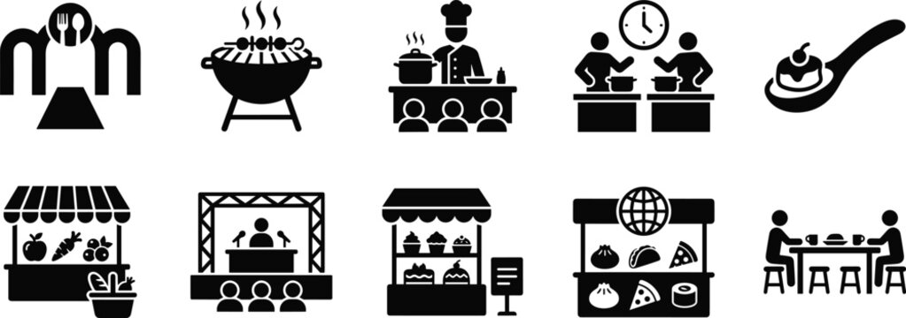 Set of black silhouette icons representing food cooking events market stalls and dining concepts