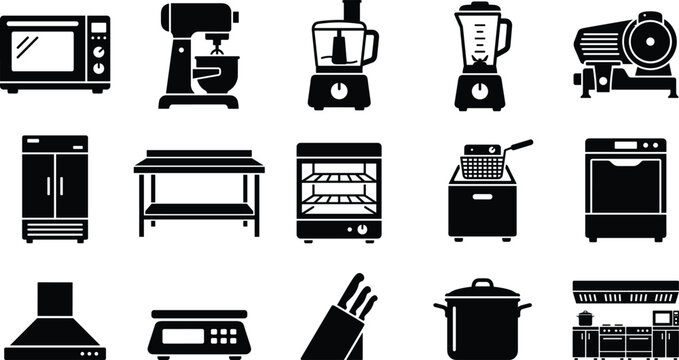 Set of black silhouette kitchen appliances and culinary cooking equipment icons