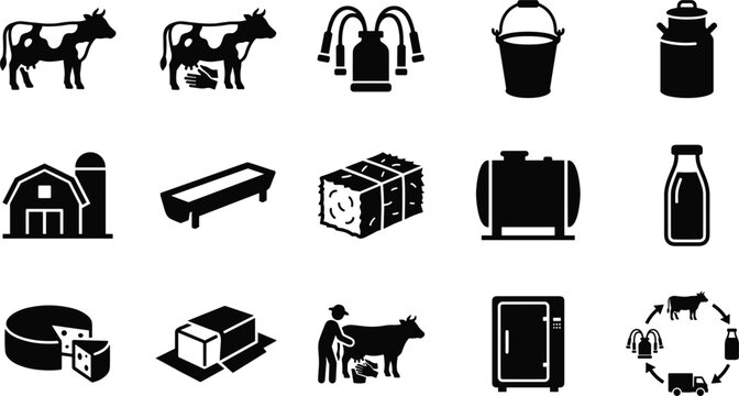 Set of black silhouette icons depicting dairy farming milking and milk production processes