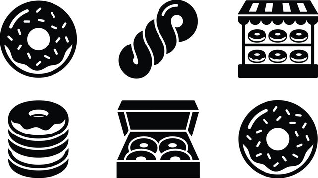 Set of black donut icons featuring various styles and packaging options