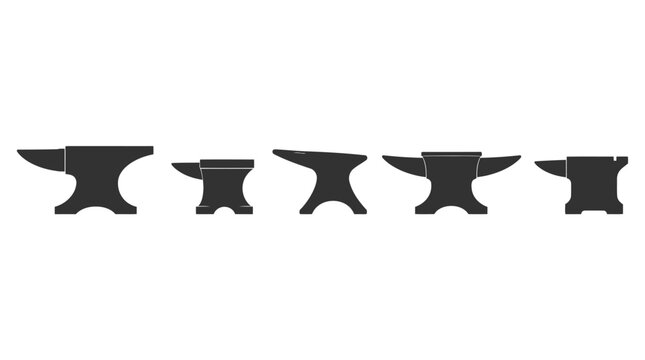 Blacksmith anvil silhouettes, set of 5 industrial metalworking tool icons, vintage iron forge equipment vector, heavy steel craft symbols for workshop branding
