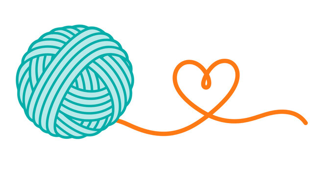 Turquoise wool ball with orange heart shaped thread, minimalist knitting yarn vector illustration, handmade craft and crochet hobby icon