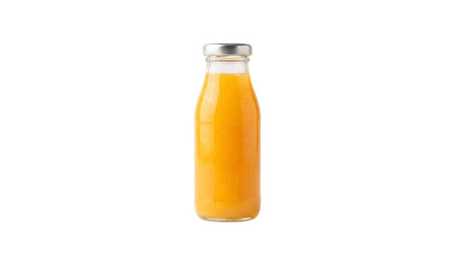 Fresh orange juice in glass bottle, organic citrus beverage, healthy breakfast drink packaging isolated PNG with Transparent Background