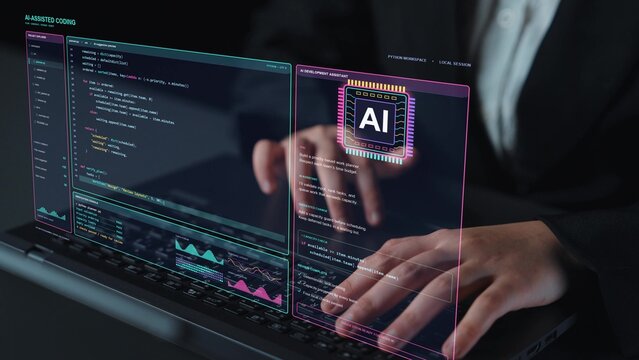 AI specialist works on a laptop. Natural language instructions guide code generation for a workload planner, combining AI suggestions with implementation review and automated testing.