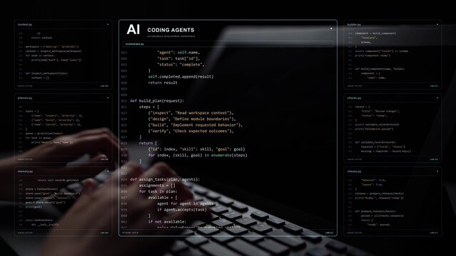 Work continues on a laptop. An AI coding workflow delegates tasks to context, planning, building and review agents, connecting separate contributions with implementation and release.