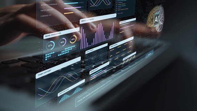 Typing continues at a desk. An AI knowledge graph links entities and source material with workplace tasks, illustrating how connected information can support evidence-based decisions.