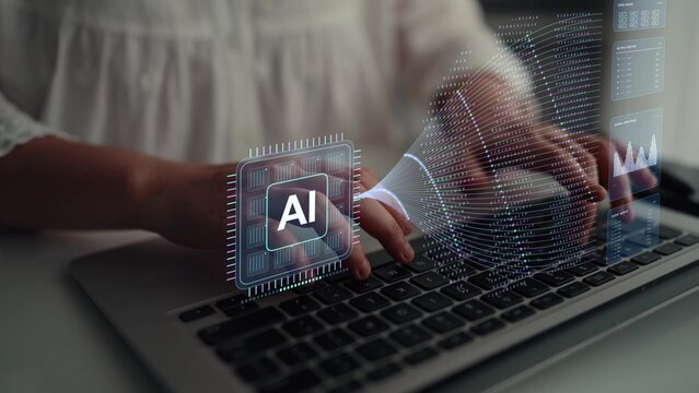 Work continues on a laptop. Edge connections carry information to and from AI computing hardware, with routing and signal measurements supporting visibility into the data exchange.
