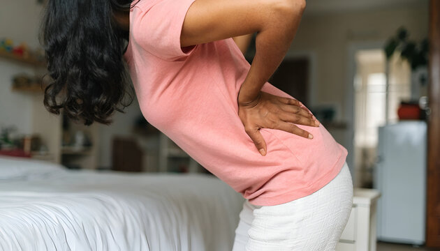 Adult Woman Experiencing Lower Back Pain at Home, Representing Backache, Muscle Strain, and Health Discomfort