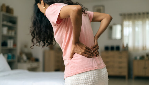 Adult Woman Experiencing Lower Back Pain at Home, Representing Backache, Muscle Strain, and Health Discomfort