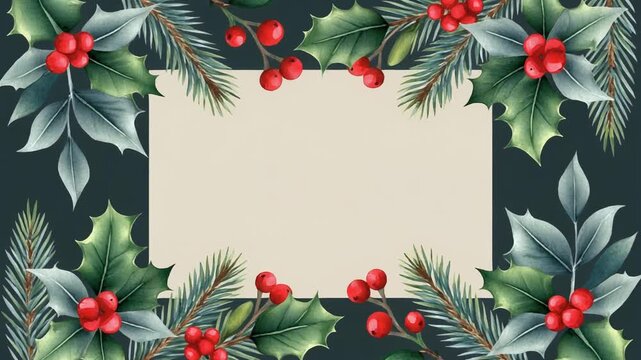 Watercolor Botanical Christmas Frame on Dark Green Background