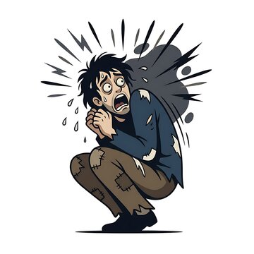 Scared man crouching in terror with anxious expression and sweat drops