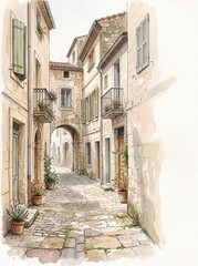 Fototapeta premium Watercolor illustration of a quiet historic stone street with arches and shutters, useful for travel marketing, heritage tourism, cultural publishing, and destination branding.