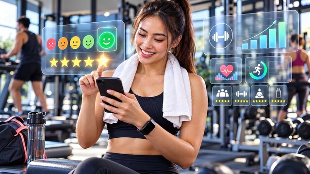 Athletic woman using fitness app with data tracking holograms in a gym tracking exercise performance and evaluating workout quality