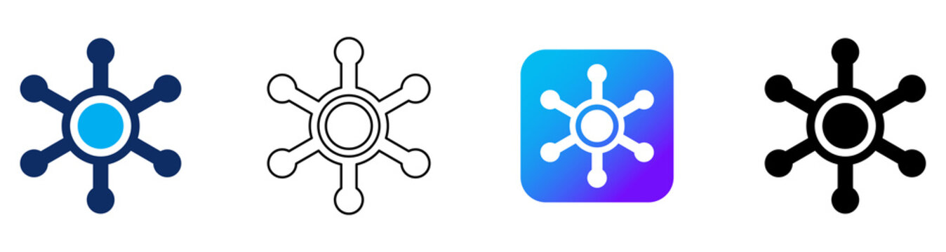 Network Hub Icon Set with Blue Fill, Black Outline, Blue Gradient Square White Fill, Black Fill Variations Collection 4 Styles Isolated on Transparent Background