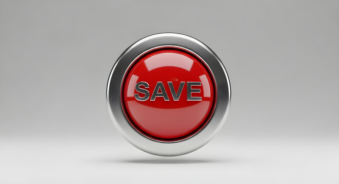 Glossy Red Save Button Icon Featuring A Metallic Silver Rim For Digital Interface Design And Software User Interaction Elements