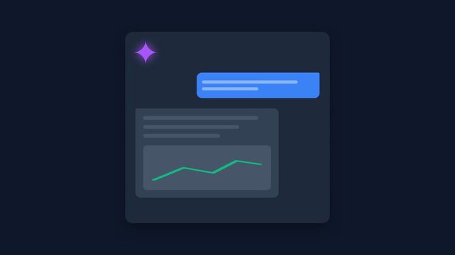 Dynamic animated UI element for digital communication and data analysis, featuring a sparkling notification icon and chat bubble with graph, symbolizing insight and connectivity