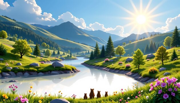 A serene rural landscape where three bears are situated near a river. They appear to be in the middle of a field, surrounded by rolling hills, a sunny sky, and lush greenery