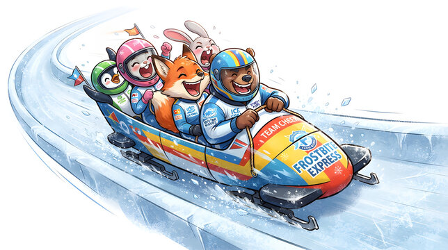 Cute bobsled team racing down an icy track, hilarious excited faces, colorful helmets, dynamic cartoon style, white background, copy space.