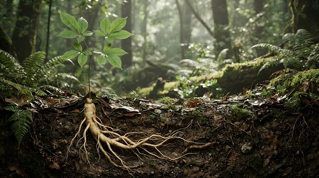 American ginseng plant growing in a wild forest environment with the root structure exposed in the soil cross section