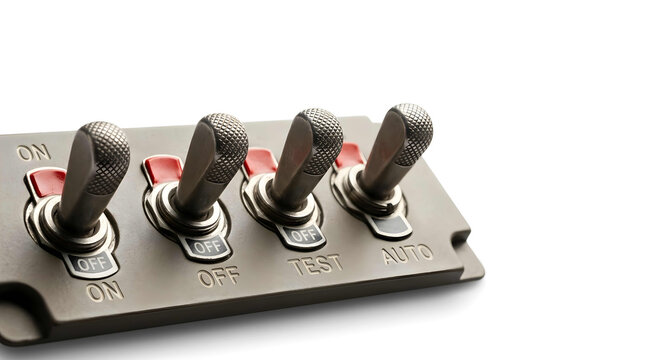 Compact metallic aviation control panel with labeled push buttons and tactile switches, concept for flight simulation tools, pilot training apparatus and travel technology