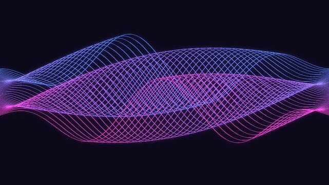 Abstract cyan and magenta sine wave mesh lines intersecting smoothly in harmonic motion loop.