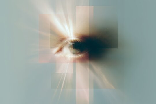 Abstract human eye presence and consciousness chapter cover with radiant light and geometric overlays for book cover background and spiritual design