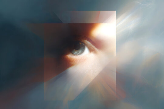 Abstract eye with geometric light overlays for presence and consciousness chapter cover and book background