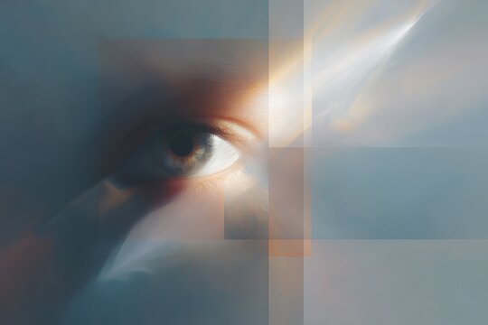 Abstract human eye with geometric overlays for presence spirit and consciousness book cover or chapter design