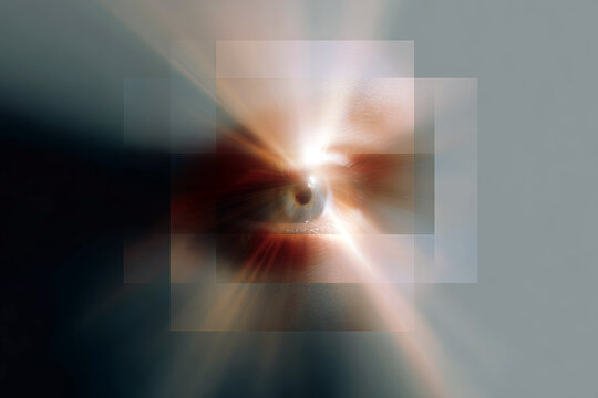 Abstract eye and layered consciousness chapter cover design with light rays and ethereal glow for book background or poster layout