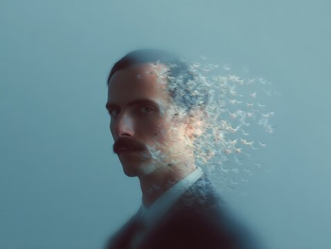 Surreal split portrait of a man dissolving into birds representing quantum mind and consciousness for science poster and background design