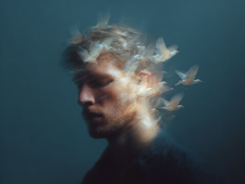 Surreal double exposure portrait of a man with birds and blurred motion for psychological background and creative poster design