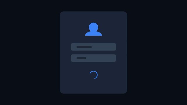 User login interface animation with profile icon and input fields, followed by loading spinner and success checkmark, representing authentication, digital security, and user access