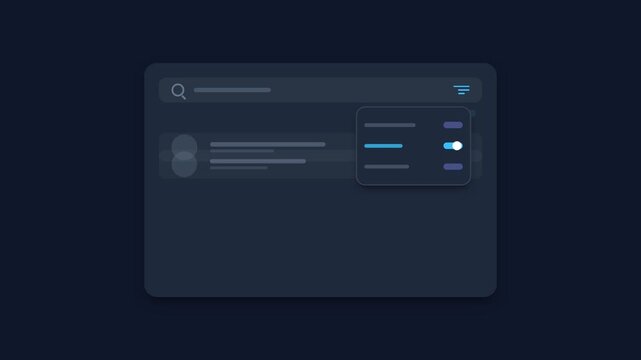 Digital interface search bar with animated user icons appearing and filter options activating, representing online navigation, data discovery, and user interface design for technology concepts.