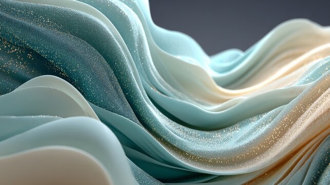 Abstract powder wave VFR-050 with soft ivory and muted teal particles forming smooth flowing shapes in elegant airy minimal scientific composition