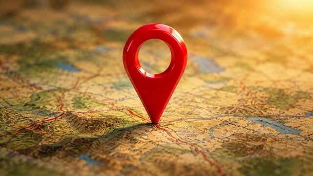 A large red location pin standing upright on a detailed topographic map.