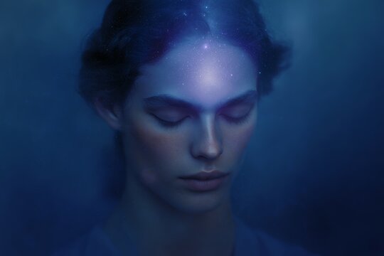 Portrait of a person with luminous third eye visualization and starry forehead for spiritual meditation background and chakra poster design