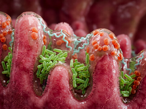 3d render illustration of intestinal villi and gut microbiome bacteria