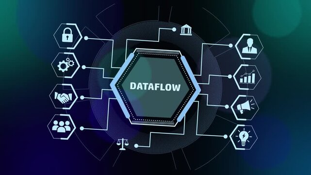 Digital dataflow infographic animation featuring interconnected business and network connectivity nodes for corporate technology presentations, financial strategy analysis, and modern software