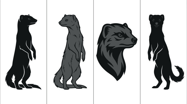  Mongoose Silhouette Vector Icon Set with Animals Standing on Hind Legs Alertly and a Head Portrait Logo for Wildlife and Nature Graphic Designs
