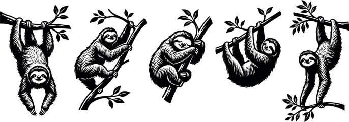 Obraz premium Cute Sloth Silhouette Vector Icon Set with Animals Hanging from Tree Branches, Climbing, and Sleeping for Jungle Wildlife and Creative Graphic Designs