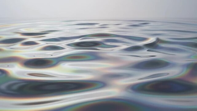 Abstract close up view of colorful oil slick ripples on water surface.
