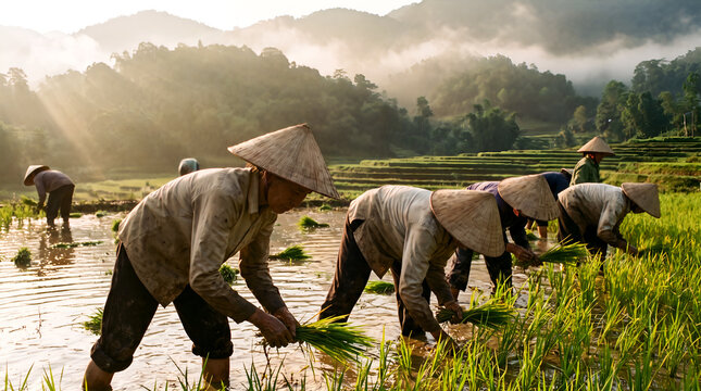 Farmers planting rice in terraced paddies at sunrise