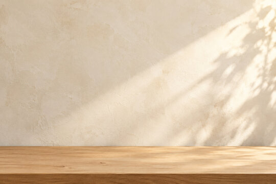 Ivory plaster wall and wooden tabletop with soft sunlight
