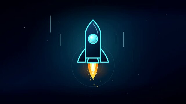 Animated Neon Rocket Launching Startup Concept on Dark Background