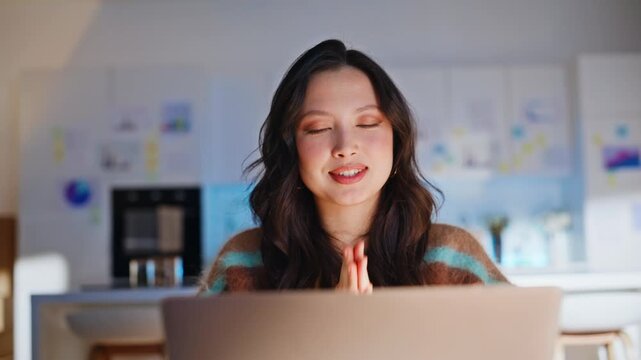 Close up woman waving hello laptop video call. Happy girl talking home office.