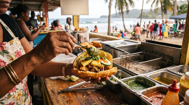 Vendor preparing Trinidad Carnival bake and shark street food at Maracas beach