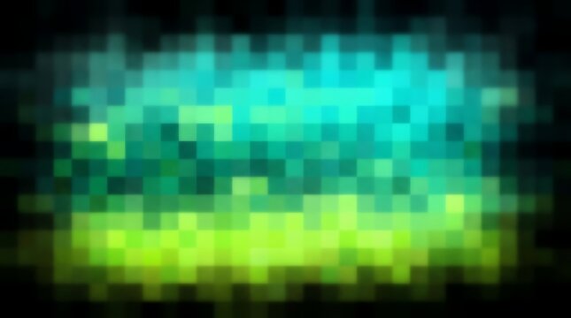 Abstract blurred background of vibrant green and teal pixelated squares and rectangles
