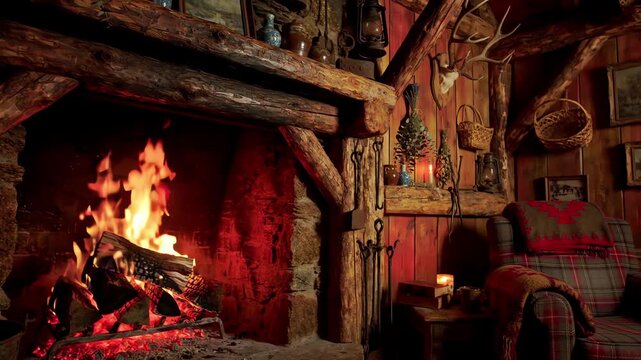 Gentle tilt of a rustic cabin interior featuring a wood burning fireplace, flickering flames illuminating wooden beams, shadows dancing on walls, creating a tranquil retreat