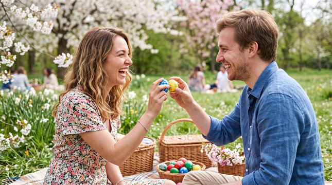 Joyful young couple tapping painted Easter eggs during a sunny spring picnic