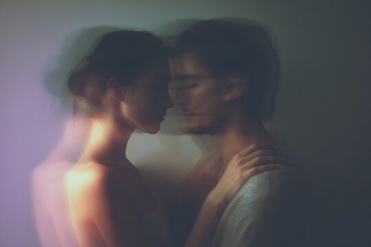 Blurred intimate couple embrace with layered aura effect for romantic background and mood wallpaper